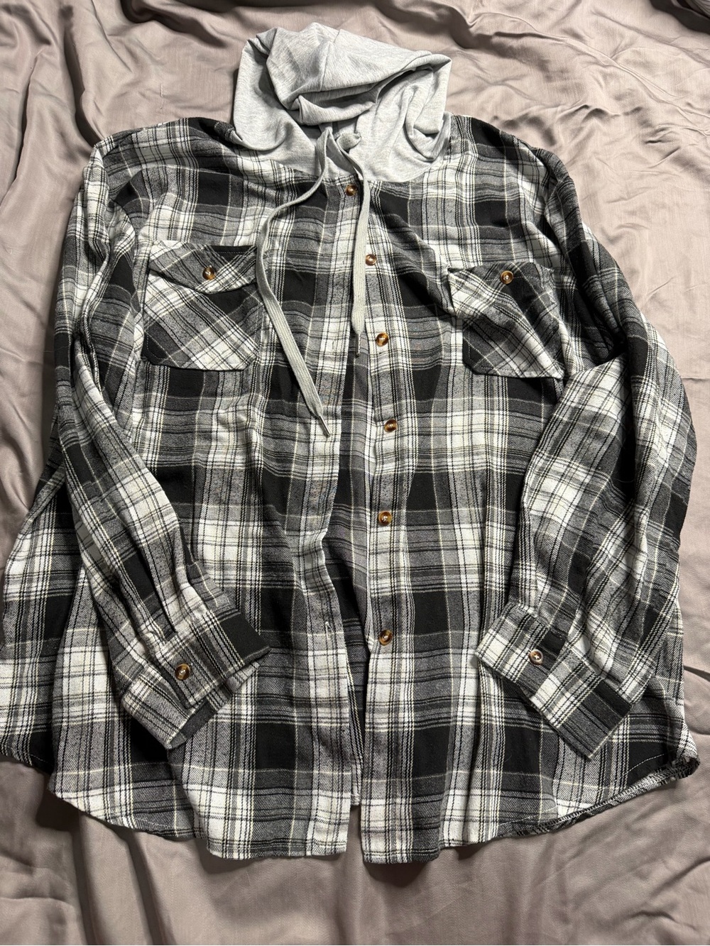 Women's Black & Gray Plaid Button-Down Shirt with Hood
